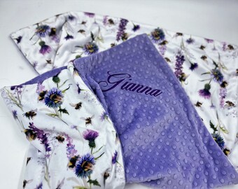 Honey Bee Minky Baby Blanket: Purple Lavender Floral Nursery Decor