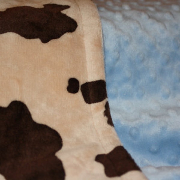 Brown Personalized Highland Cowhide Print Baby Blanket with Baby Blue, Turqoise, Denim, or Navy. Baby Shower or Farm Animal Nursery Decor
