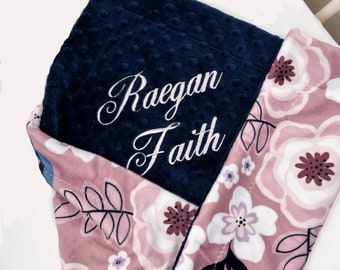 Personalized Baby Blanket: Blush Floral, Navy Minky Dot, Girl Shower Gift