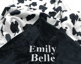 Personalized Cow Print Minky Blanket: Blue Baby Boy Nursery Gift