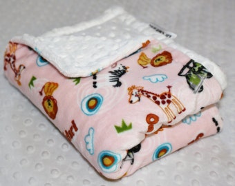 Personalized Minky Baby Blanket: Safari Animals, Pink & White Dot