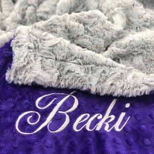 May include: Purple and gray minky blanket with the name "Becki" embroidered in white.