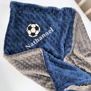 Sports Soccer Embroidered Personalized Minky Baby Blanket, Gray Dimple Dot Soft Blanket for New Baby Boy, Baby Shower Gift