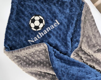 Embroidered Soccer Minky Baby Blanket: Personalized Gray Dimple Dot Blanket
