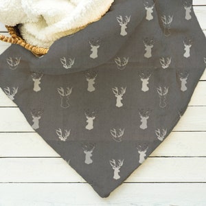 Woodland Deer Antler Baby Blanket, Grey White Personalized Minky Soft Lovey for Newborn Baby Gift, Deer Horns Baby Girl Nursery Decor