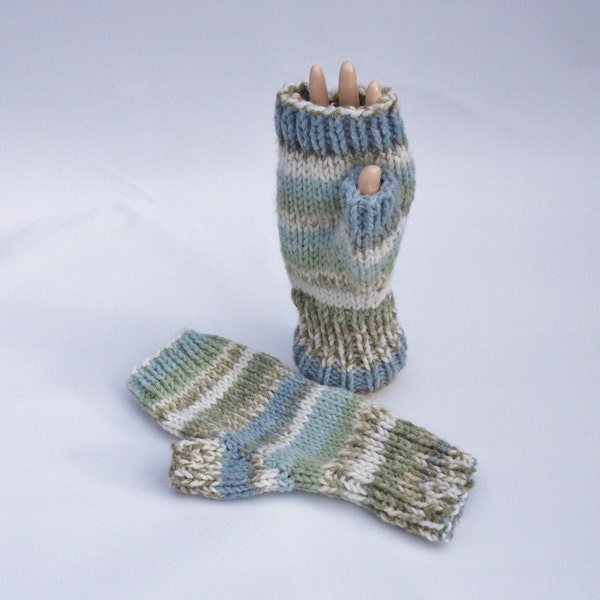 Ladies fingerless mittens green blue cream mix yarn.