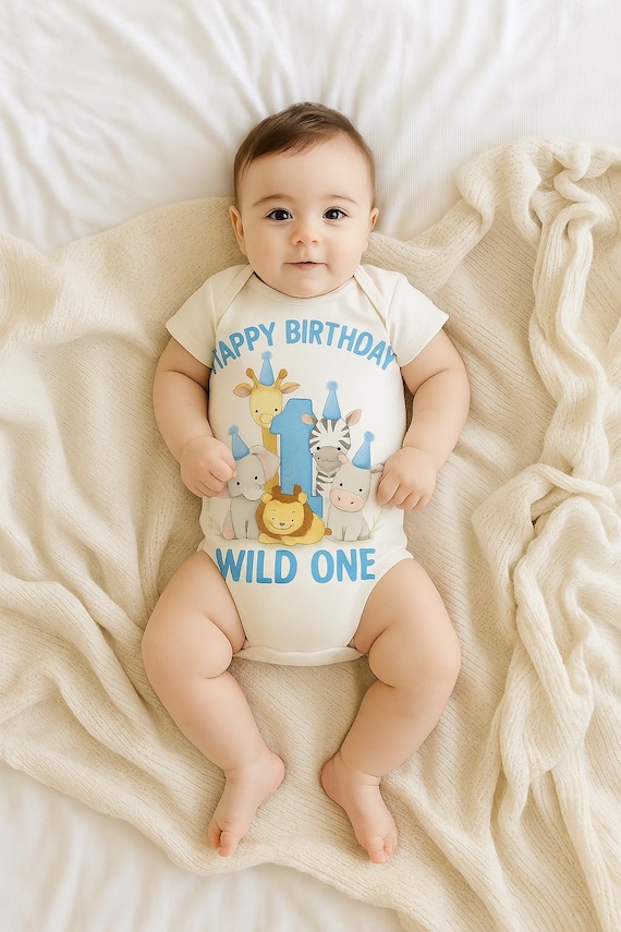 Celebrate their first birthday in style with our 'Wild One' safari baby bodysuit, perfect for a jungle-themed party.