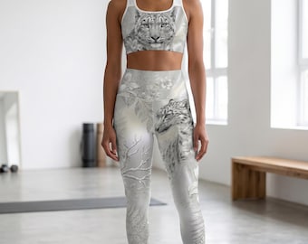 Driven N Designed" Snöleopardblommiga AOP Yogaleggings med hög midja - Lyxiga silver- och grå designerträningskläder