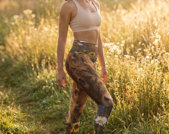 Leggings Highland Cow, pantalones de yoga florales, leggings de cintura alta con estampado animal, estilo rústico campestre, regalo ideal para amantes de las vacas, Driven N Designed