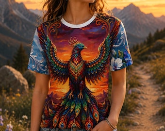 Imperial Phoenix AOP T-shirt - 3D Phoenix Blå Hibiskus Bärbar Konst - Sunset Phoenix Style T-shirt - Matchar Phoenix Leggings & BH