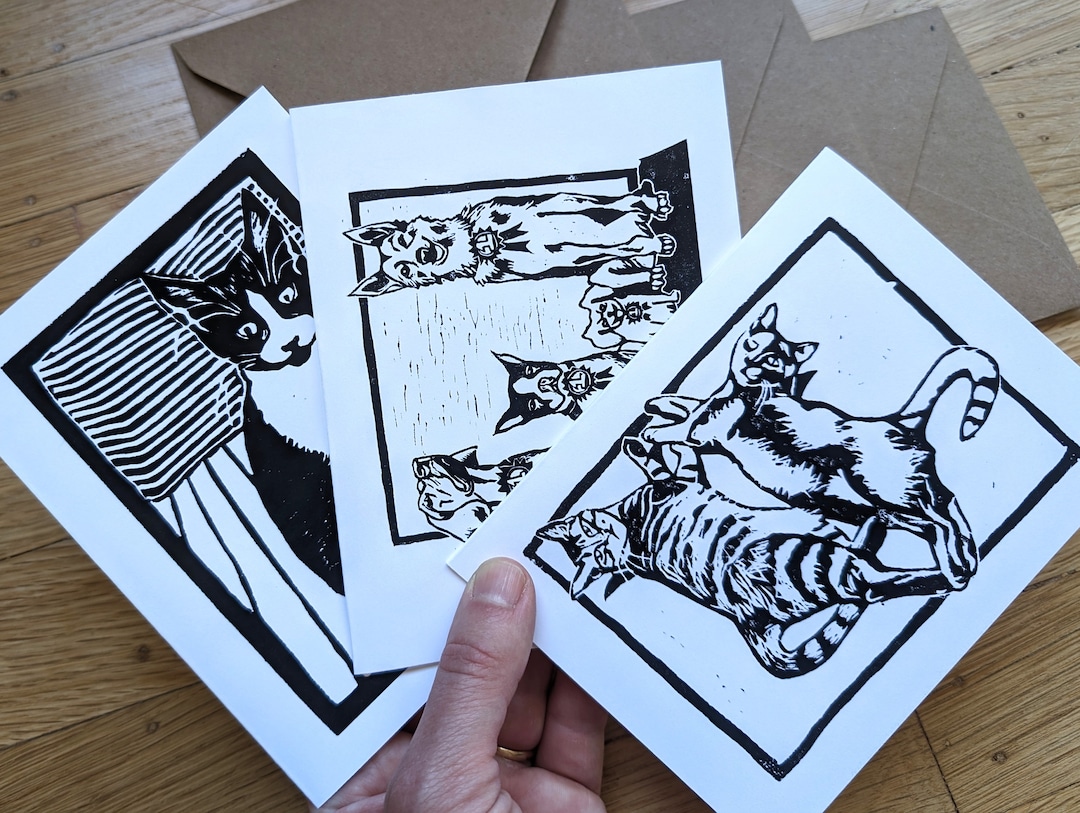 Block Print Art Note Card Variety 3-pack - Cats and Dogs // Stationery ...