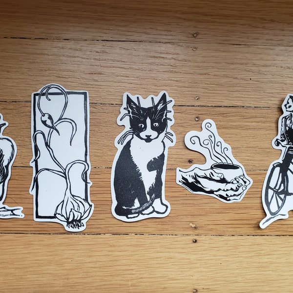 Block print art vinyl die-cut stickers - cat, duck, garlic, bike, coffee