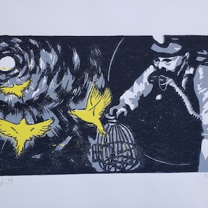 May include: A black and white woodcut print of a person in a gas mask holding a birdcage with a yellow bird flying out. The background is a dark sky with a full moon and clouds.
