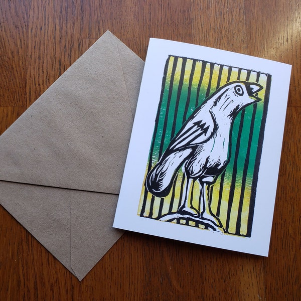Caged bird multi-layer block print art note card with envelope