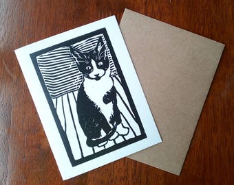 Cat art blank notecard with envelope // Black and white cat sitting // Block print pet cards