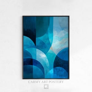 Könnte beinhalten: Abstrakter Kunstdruck in einem schwarzen Rahmen. Das Kunstwerk zeigt sich überlappende Halbkreise und Formen in Blau- und Türkistönen. Der Text "CARMY ART POSTERY" ist am unteren Rand des Bildes aufgedruckt.