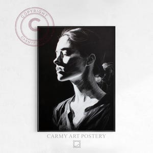 Sfeervol clair-obscurportret - Monochroom klassiek figuurtekening, academische studie met hoog contrast, houtskool en wit krijt, digitale download 2125