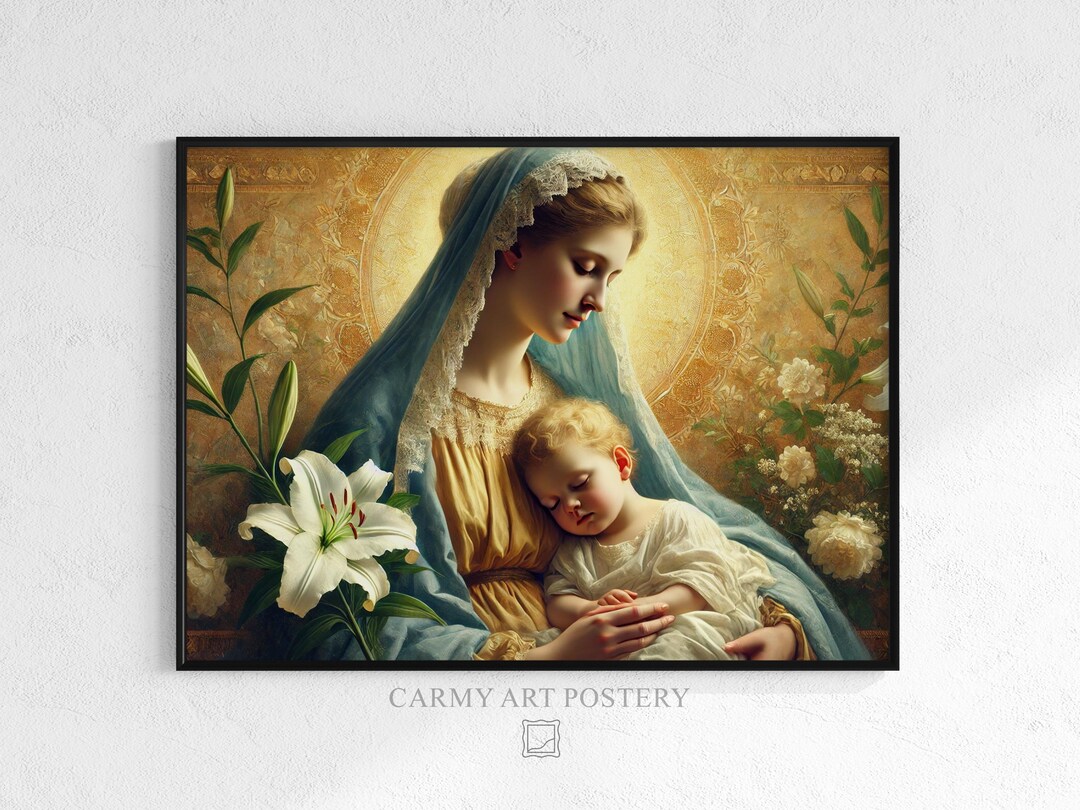 Vintage Madonna and Child Painting - Sacred Wall Art, Soft Floral Decor ...