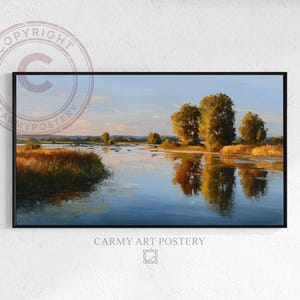 Rustic Frame TV Art, Serene Classic Countryside Riverbank Landscape, Tranquil Samsung TV Decor, Traditional Warm Reflections, Digital Art 5
