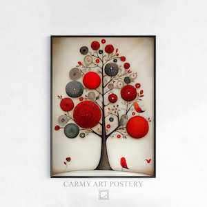 Può includere: Stampa artistica incorniciata con un albero stilizzato con elementi circolari rossi e grigi. L'albero ha un tronco e rami marrone scuro, con uccelli rossi e una farfalla. Il testo "CARMY ART POSTERY" è in basso.