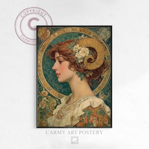 Vintage Art Nouveau Profile of Aries Woman - Celestial Golden Ram Horns, Decorative Floral Elements, Ornate Zodiac Design Printable 1185