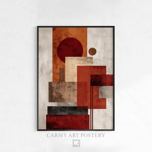 May include: Framed abstract art print featuring geometric shapes in shades of red, brown, and beige. A large red circle and rectangular shapes dominate the composition. The text "CARMY ART POSTERY" is at the bottom.