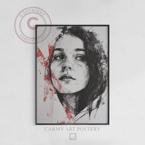 Vintage portret om af te drukken - Schets van een stemmig vrouwengezicht, dramatische houtskooltekening, expressieve rode krijtaccenten, direct te downloaden 1980