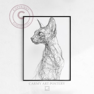 Moderne ägyptische Katzen-Linienzeichnung – Minimalistischer Schwarzweißdruck, neutrale Skizzenzeichnung, zeitgenössische Wandkunst, druckbarer digitaler Download 2216