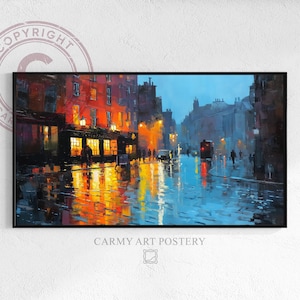 Victorian Moody Cityscape Frame TV Art, Rainy Evening Street Scene, Impressionistic Urban Decor, Warm Cool Contrast, Digital Download 72