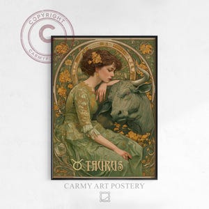 Vintage Taurus Art Nouveau Portrait - Celestial Earthy Bohemian Woman with Bull, Printable Zodiac Art, Botanical Decorative Poster 1166