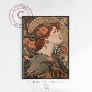 Taurus Art Nouveau Poster - Elegant Bohemian Figure, Vintage Zodiac Artistically Illustrated, Earthy Floral Motifs, Printable Art 1150
