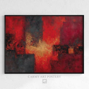 Può includere: Stampa artistica astratta in una cornice nera. L'opera presenta un design strutturato e stratificato con sfumature di rosso, nero e oro. Il dipinto ha un'estetica moderna, con un focus sul colore e sulla forma. Il testo "CARMY ART POSTERY" è in basso.