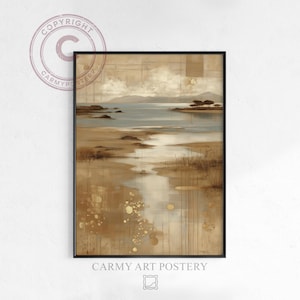 Neutral Coastal Marsh Seascape - Rustic Watercolor, Calm Tidal Pools, Moody Minimalist Art, Vintage Style Digital Painting, Printable 1412