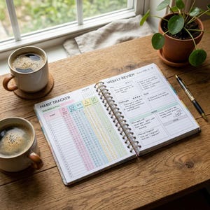 May include: A habit tracker and weekly review planner, open on a wooden table, with two mugs of coffee and a small potted plant. The planner features a colourful habit tracker chart and sections for notes and goals.