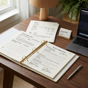 May include: A wooden desk with a laptop, documents, and a business card holder. The documents include an invoice, a client intake form, and a service agreement. The business card holder has the name "SARAH JENSEN" on it. A pen rests on the desk.