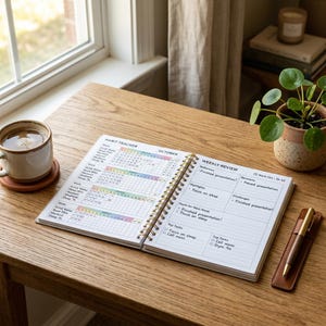 Könnte beinhalten: Ein offener Gewohnheitstracker und Wochenplaner auf einem Holztisch. Der Planer ist spiralgebunden mit goldfarbenen Spulen und enthält Abschnitte zur Verfolgung von Gewohnheiten und Wochenzielen. Eine Tasse Kaffee und ein Stift liegen ebenfalls auf dem Tisch.