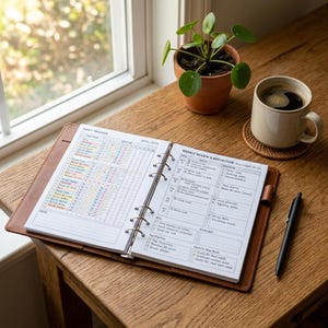 May include: An open brown leather-bound planner with a habit tracker and weekly review pages. A cup of coffee sits on a coaster next to a small potted plant and a black pen. The planner is open to April 2024.