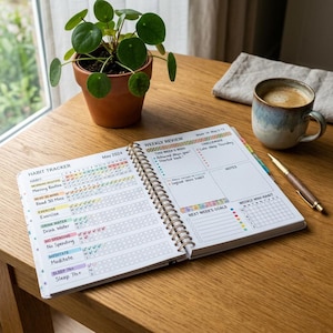 May include: Open spiral-bound planner on a wooden table, featuring a habit tracker for May 2024. The planner includes sections for weekly reviews, goals, and a coffee cup, pen, and potted plant.