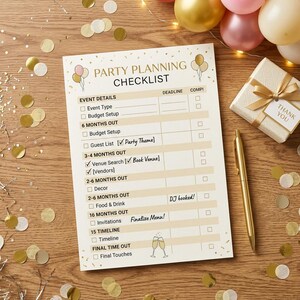 May include: A party planning checklist with headings for event details, deadlines, and completion. The checklist includes items like event type, budget setup, guest list, venue search, and decor. A gold pen, gift box, and confetti are also present.