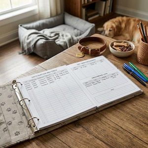 May include: An open pet health record book with vaccination and grooming logs sits on a wooden table. A brown leather dog collar, dog treats, and pens are nearby. A dog bed and a golden retriever are in the background.
