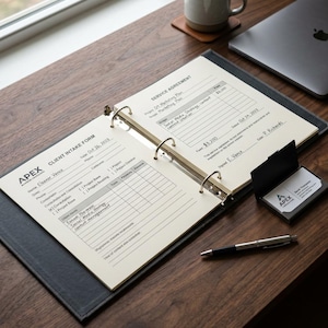 May include: An open black binder with a client intake form and service agreement on a wooden desk. A business card holder with a business card, a pen, a laptop, and a mug are also on the desk. The forms have the text "APEX" and "SERVICE AGREEMENT".