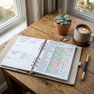 May include: Open planner with a 30-day habit tracker and weekly review pages. The planner is open on a wooden table next to a cup of coffee with latte art, a succulent in a terracotta pot, and a gold pen.