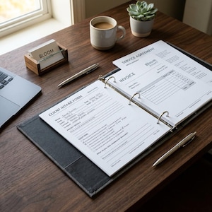 Könnte beinhalten: Ein Holztisch mit einem Laptop, einer Kaffeetasse und einem Visitenkartenhalter. Ein Ordner mit Formularen und einem Stift ist auf dem Tisch geöffnet. Die Formulare umfassen ein Kundenaufnahmeformular und eine Rechnung.