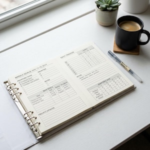 Könnte beinhalten: Offener Planer mit Wochenzielen für den 13.-19. Mai 2024 und einem täglichen Tracker. Der Planer liegt auf einer weißen Oberfläche mit einer schwarzen Kaffeetasse, einem Stift und einer kleinen Pflanze. Der Planer hat einen silbernen Ordner.