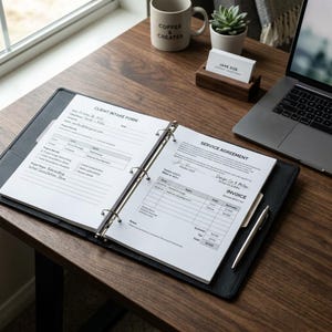 May include: Open black binder with client intake form and service agreement on a wooden desk. A coffee mug with "Coffee & Creates" text, a small plant, a business card holder, and a laptop are also on the desk.