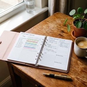 May include: An open pink leather-bound planner on a wooden table, featuring a 30-day habit tracker and weekly review pages. A pen, a cup of coffee, and a potted plant are also on the table, near a window.