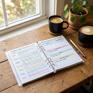 May include: An open habit tracker and weekly review planner on a wooden table. The planner is filled with colorful check marks and handwritten notes. Two mugs of coffee and a pen are also on the table, near a window and a potted plant.