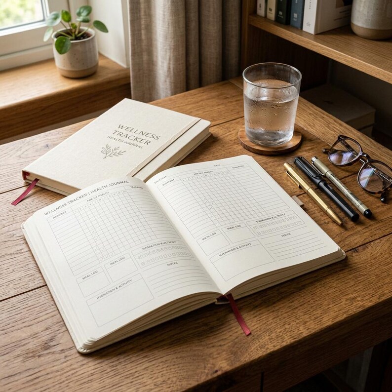 May include: An open wellness tracker journal with a grid layout, red ribbon bookmark, and the text "Wellness Tracker Health Journal". A closed journal with the same text and a sprig design is also visible. Pens, glasses, and a glass of water are on the wooden surface.