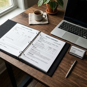 Op de afbeelding: Een open zwarte map met klantformulieren en een serviceovereenkomst op een houten bureau. Een laptop, pen, visitekaarthouder en een kopje thee staan ook op het bureau. De kaarthouder toont "Vance & Co. Consulting."