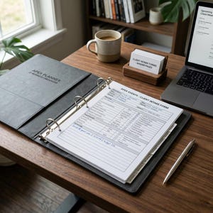 May include: A gray Apex Planner binder with the text "APEX PLANNER & BUSINESS ORGANIZER" is open on a wooden desk. Inside, a client intake form is visible. A pen, coffee mug, and laptop are also on the desk.